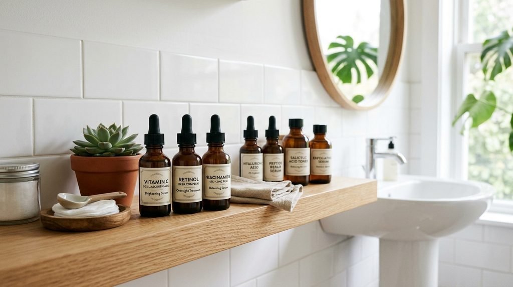 Amber dropper bottles with proven active ingredients neatly arranged on a wooden shelf.