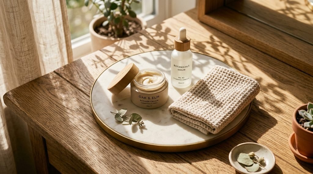 Vanity tray with skincare serum, moisturizer, and cotton towel under soft sunlight.