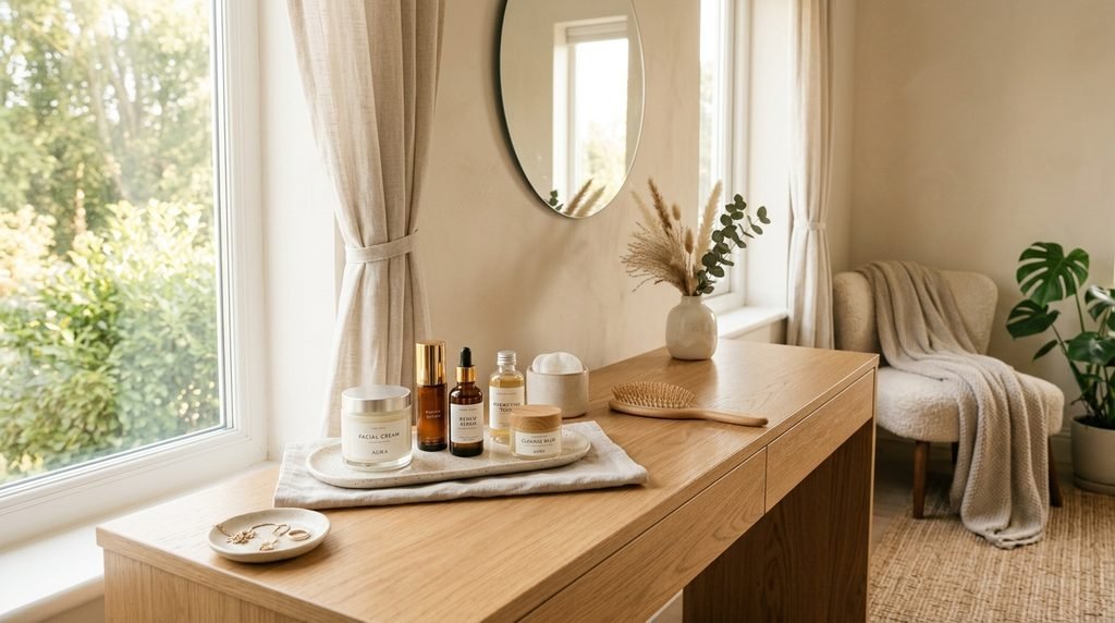 Minimalist vanity setting with glass jars bathed in soft morning light for FAQ section.