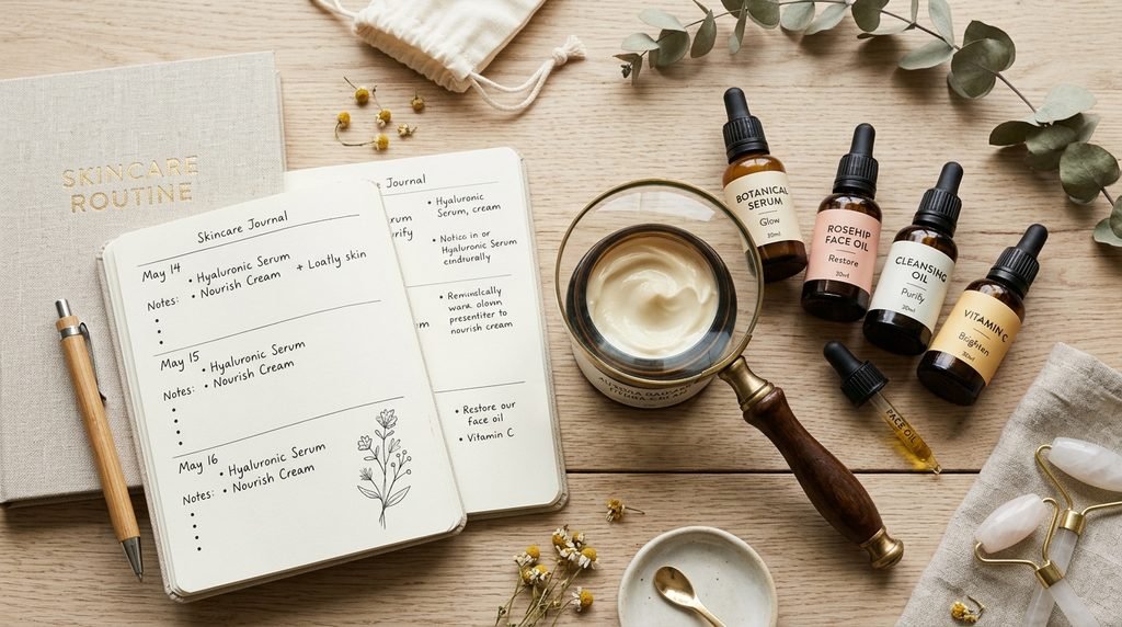 Skincare journal, magnifying glass, and dropper bottles arranged on a desk.