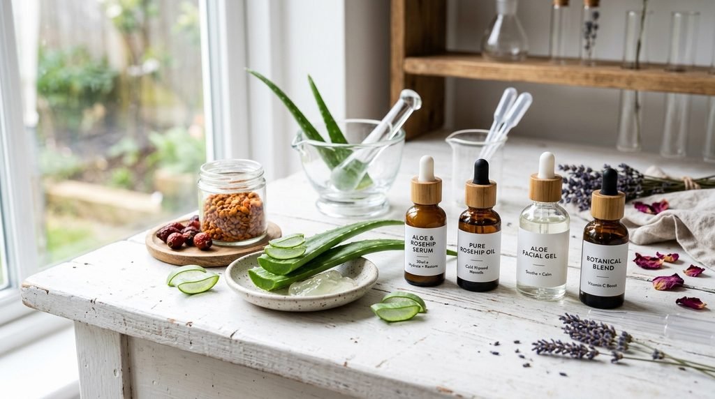 Skincare dropper bottles displayed with fresh aloe vera and botanical seeds.