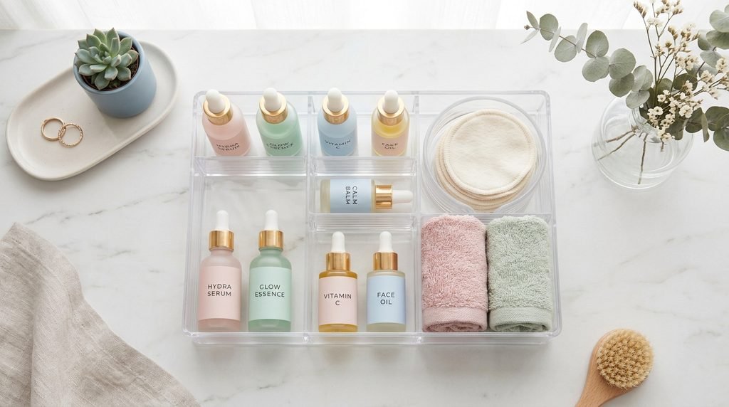 Neat skincare organizer with serum bottles and cotton pads on a clean counter.