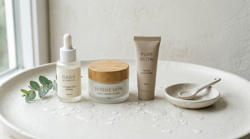 Clean arrangement of unbranded skincare packaging on a neutral surface.