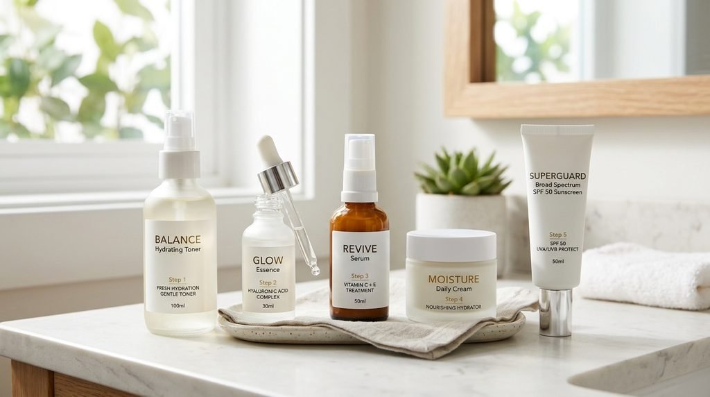 Line of glass skincare bottles arranged in order of daily application on a white surface, 