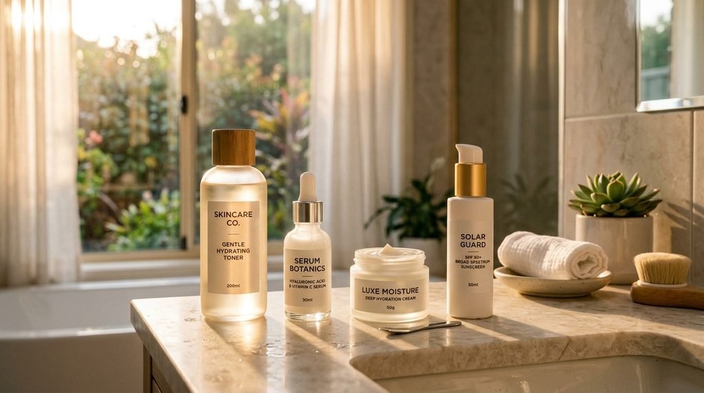A neatly organized four-step skincare application sequence on a clean counter