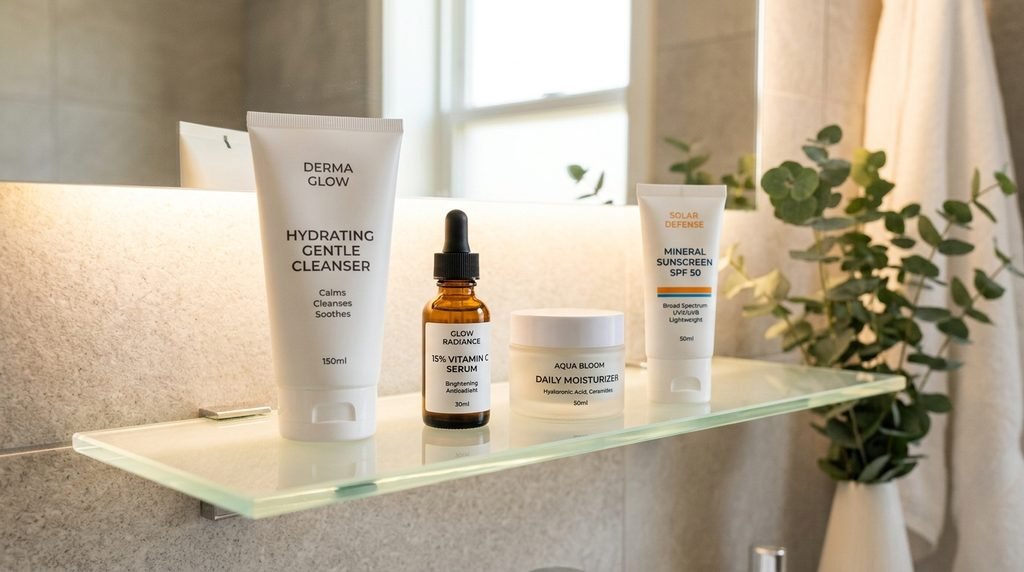 Sequence of daily skincare products lined up neatly on a lit glass shelf.