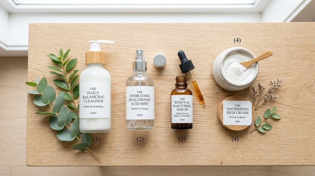 A neat row of skincare products including cleanser, hydrating mist, bakuchiol serum, and moisturizer.