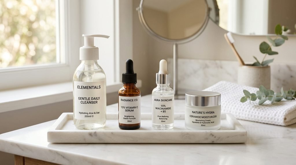 Sequential arrangement of skincare products on a white vanity tray.