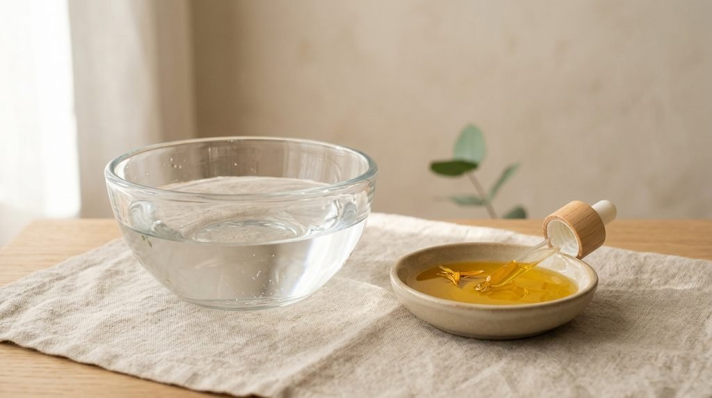 Minimalist setup showing a bowl of water and a dish of golden face oil side by side