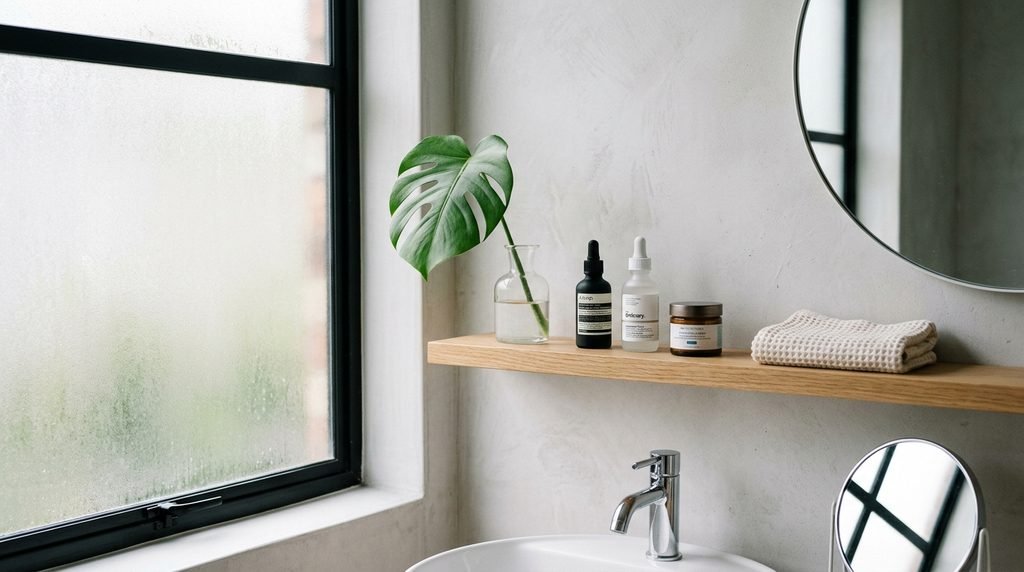 Minimalist bathroom shelf with three skincare products and a small green plant leaf.