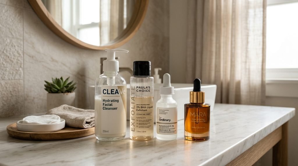 Skincare bottles lined up in order from cleanser to facial oil on vanity.