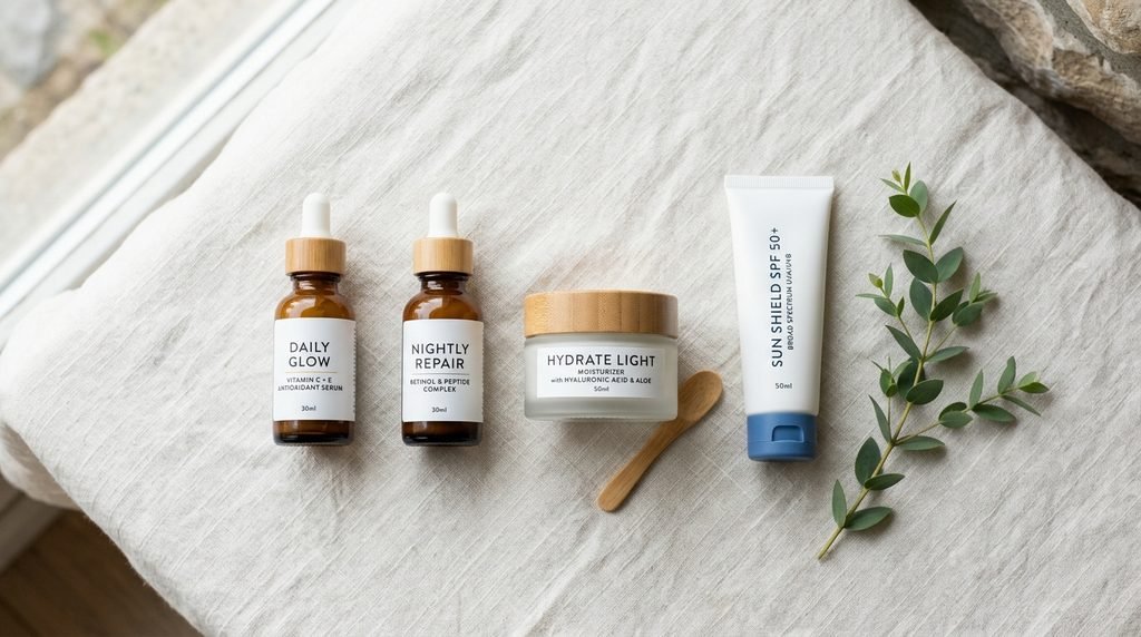 Complete morning and evening skincare routine products neatly arranged on a clean background.
