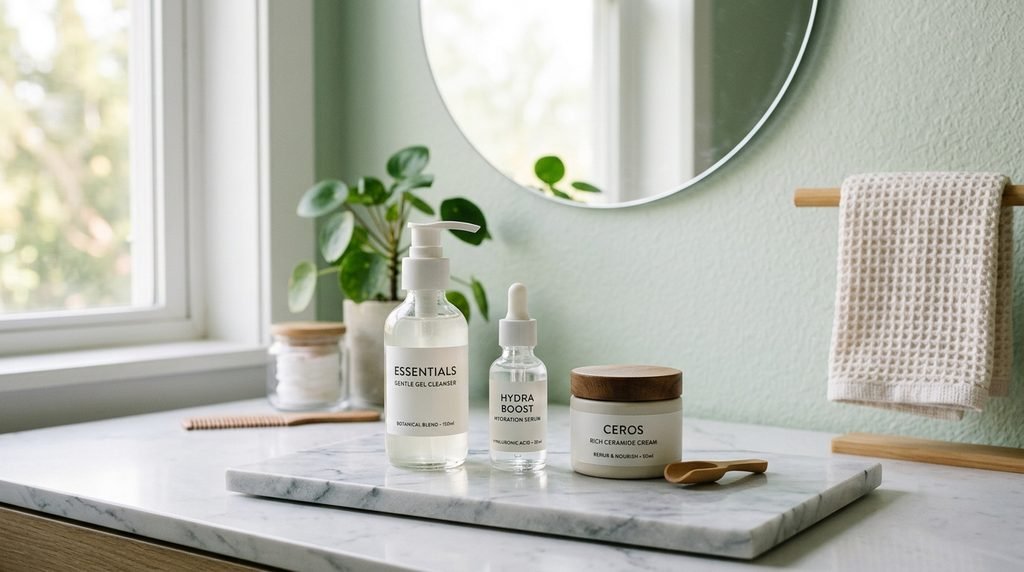 Skincare products arranged neatly on a white marble bathroom vanity in soft sunlight.