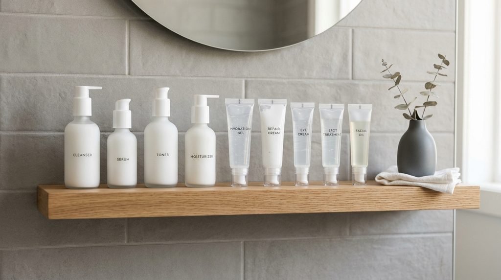 Minimalist white skincare pump bottles neatly arranged on a light grey tiled shelf.