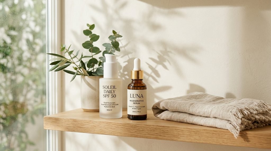 Minimalist skincare product bottles sitting on a cream-colored shelf in soft daylight.