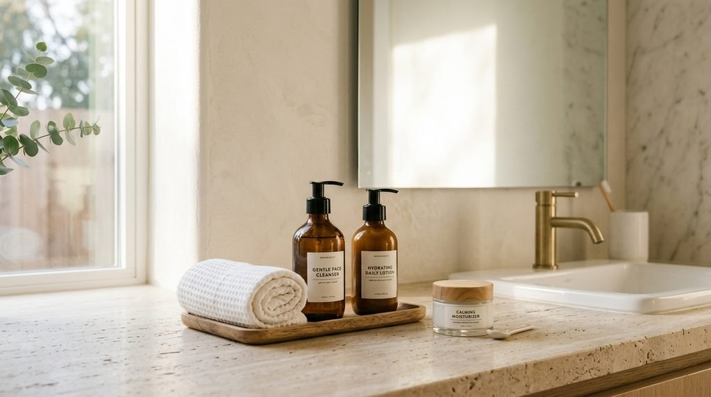 Minimalist bathroom vanity setup with gentle skincare products and rolled white cotton towel