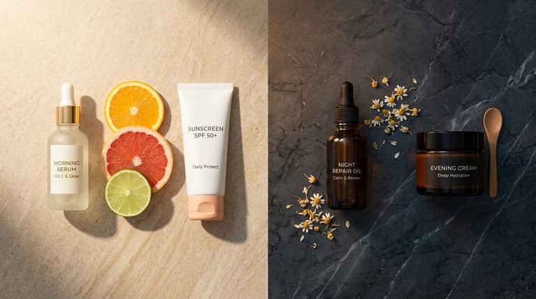 A split-screen studio arrangement comparing a bright morning serum setup with a calm evening serum setup.