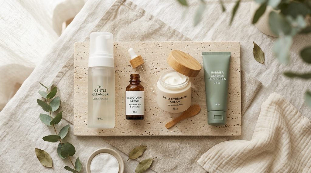 Flat lay of a complete daily skincare routine set on a stone tray