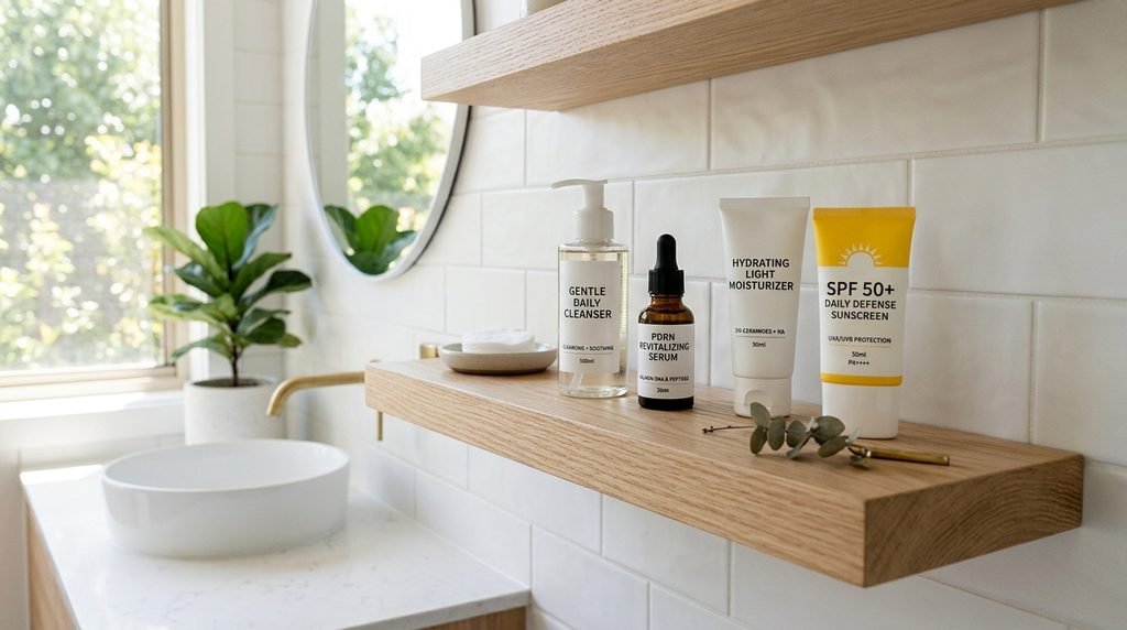 Well-organized skincare products on a bathroom shelf for a daily routine.