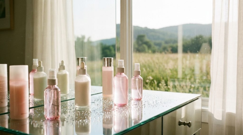 A wide panoramic view of hydrating mists and gel creams sitting on a clean glass table.