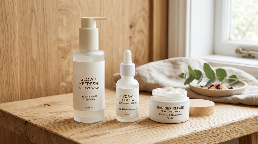 Skincare products arranged neatly including cleanser, hydrating serum, and cream on light wood.