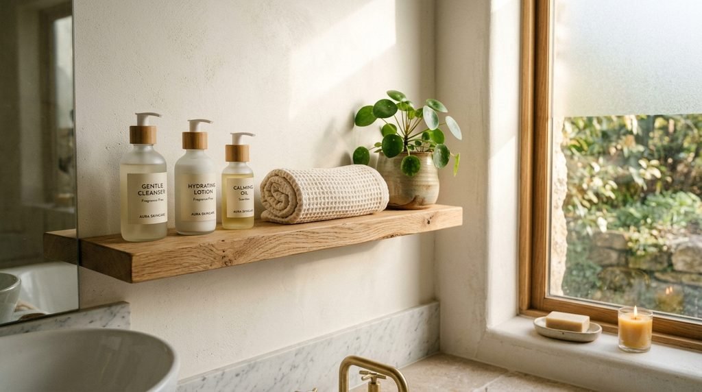 Minimalist bathroom shelf with gentle skincare products, cotton towel, and green plant, 