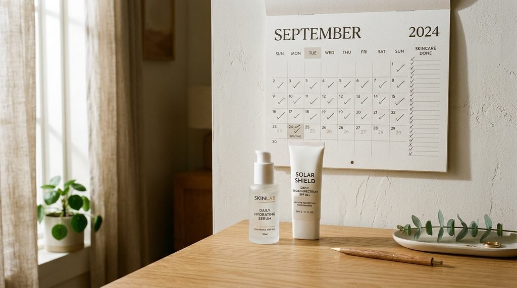 A wall calendar resting next to a sunscreen tube and serum bottle on a wood table.