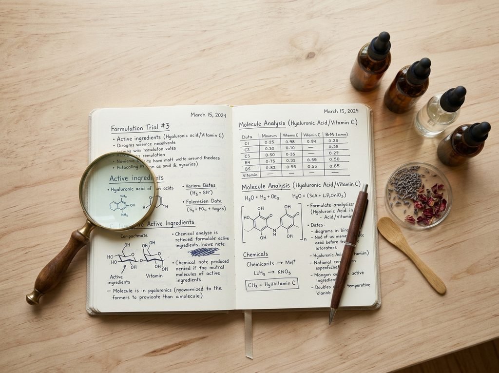 Flat lay of notebook, magnifying glass, and serum bottles representing skincare research process