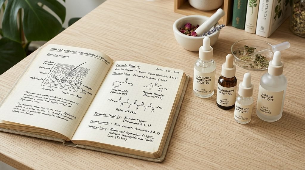 Aesthetic tabletop layout with notebook drawings and modern serum bottles.
