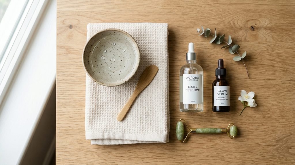 Flat-lay overhead view of a clean morning skincare routine with clear bottles on wood.
