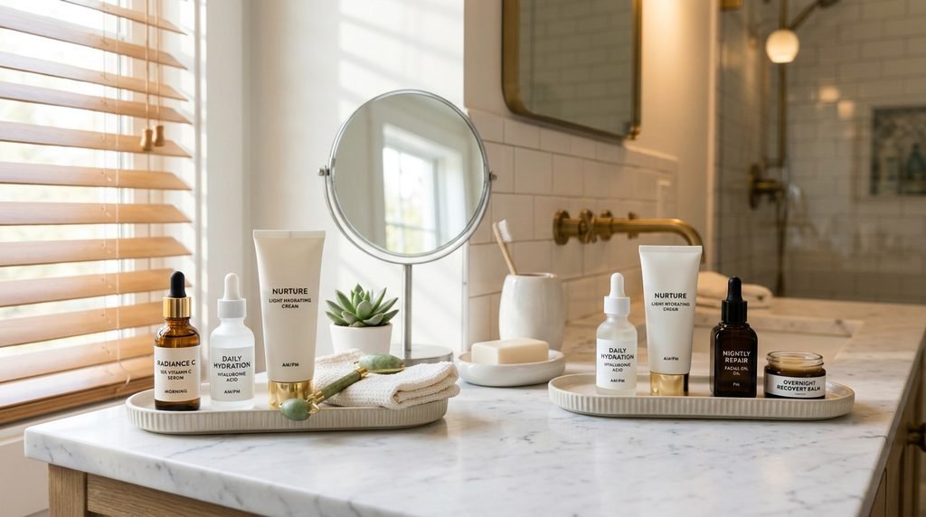 A neat arrangement of morning and evening skincare products on a wooden bathroom counter.