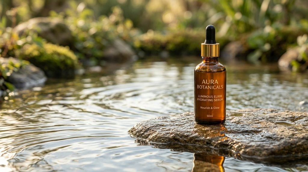 Amber glass skincare serum bottle resting on stone surrounded by gentle water ripples.