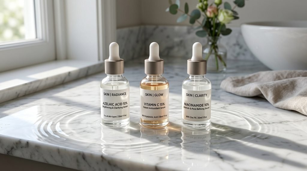 Skincare serum bottles with active ingredient labels arranged on a marble surface.
