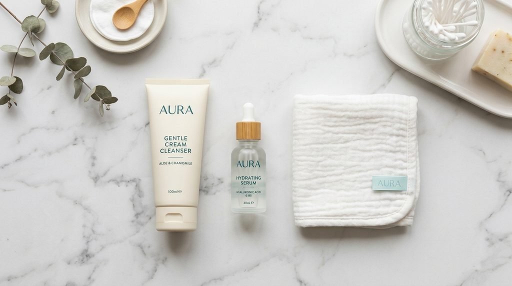 Minimalist skincare setup on white marble with cleanser tube and cotton towel.