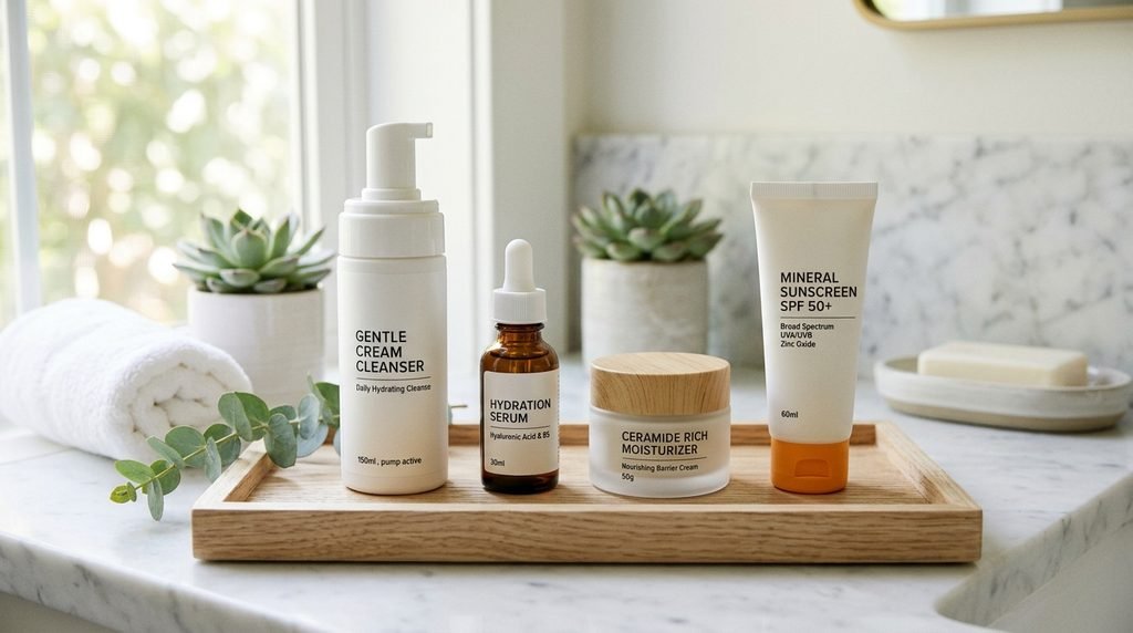 Four essential barrier repair skincare products laid out in order on a tray, 16:9 ratio.