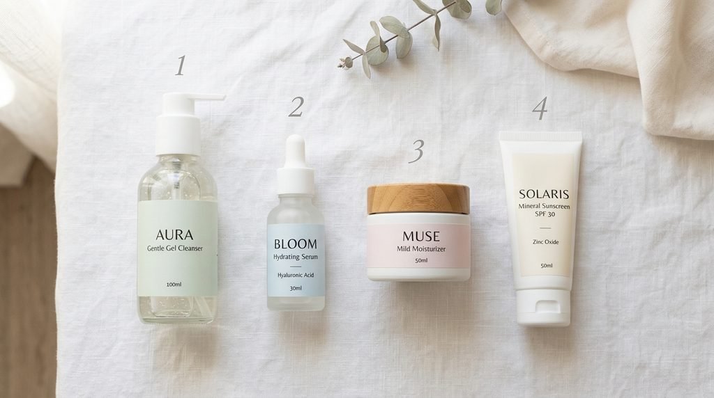 Flat lay of four skincare items arranged sequentially from left to right on white linen.