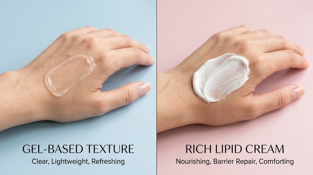Dual-tone skincare texture comparison showing cream and gel formulas.