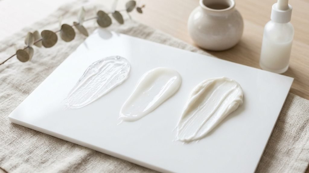 Three distinct cream and gel texture swatches displayed on a white acrylic board.