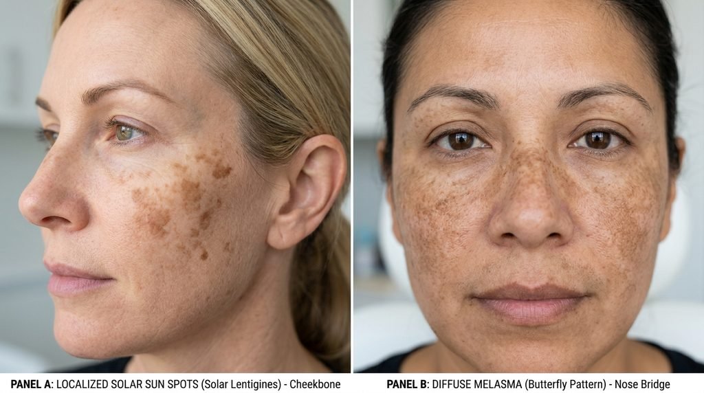 Side-by-side comparison of localized sun spots versus symmetrical melasma patches.