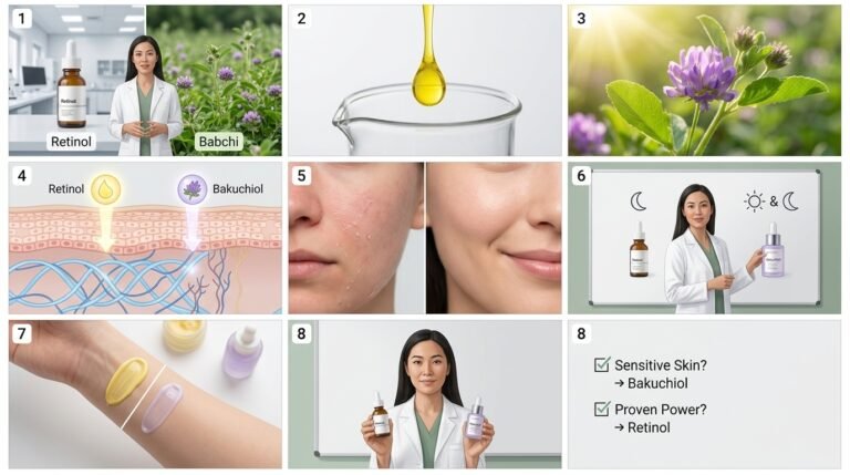 Side-by-side display of a natural amber bakuchiol oil bottle with purple babchi flowers and a white serum bottle.
