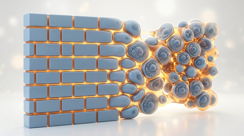 Conceptual 3D render showing tiles joined together by a warm amber gel layer.