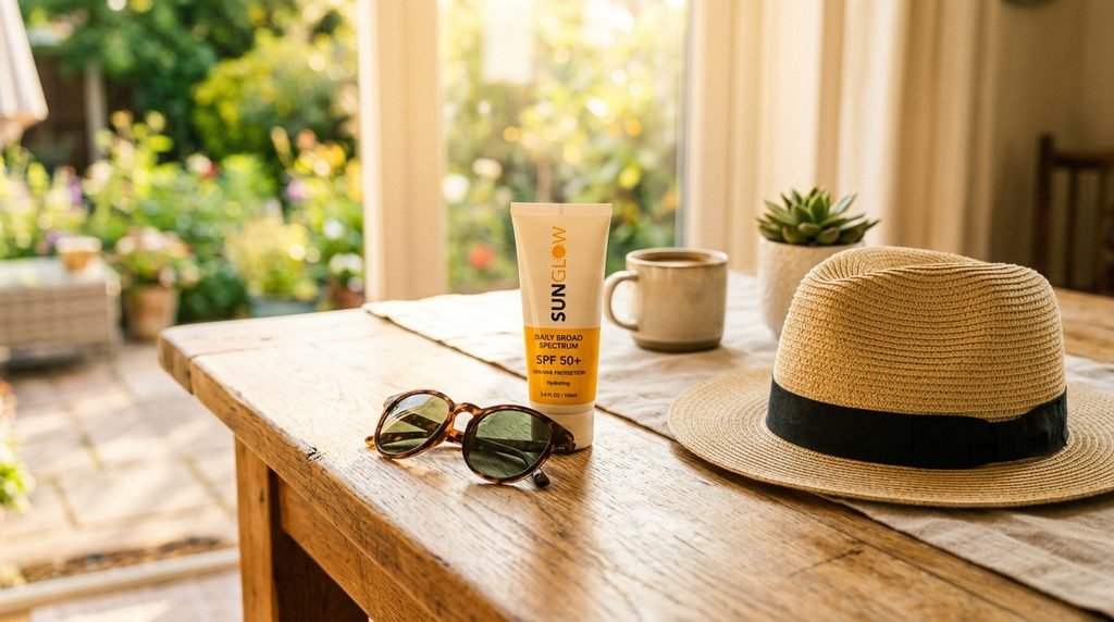 Tube of daily sunscreen sitting in bright sunlight next to sunglasses on wood.