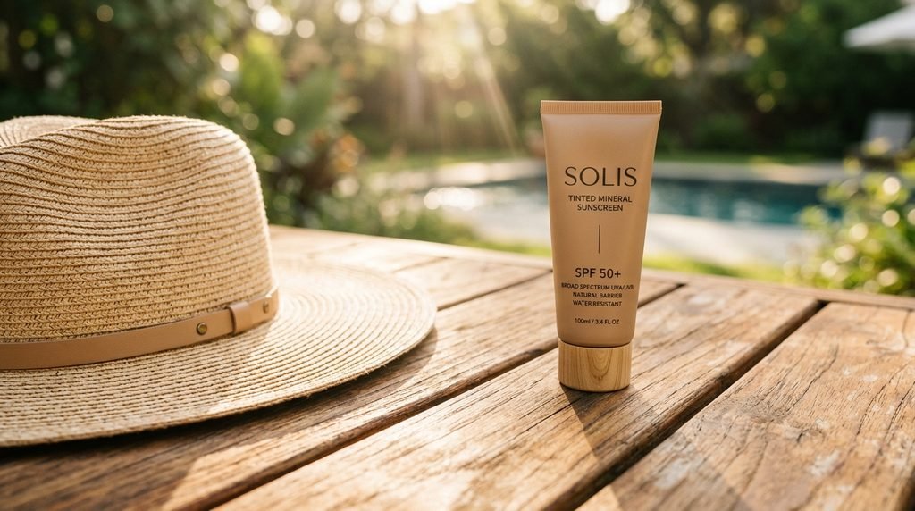 Tinted mineral sunscreen tube with a straw hat on a warm wooden surface in sunlight.
