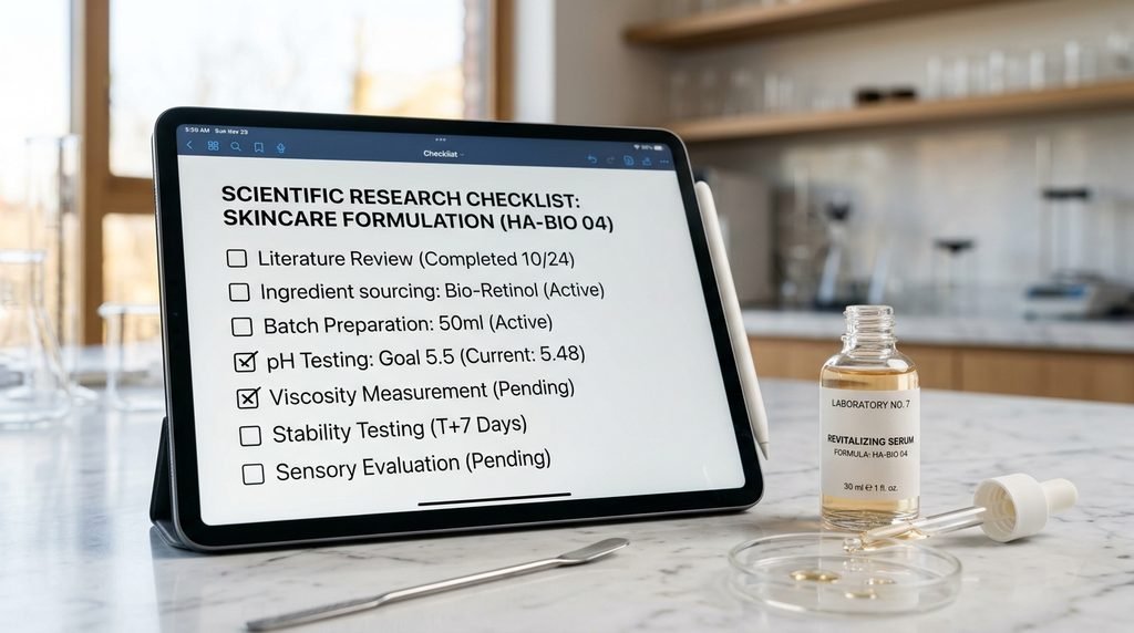 Digital tablet displaying a research study checklist next to a serum dropper bottle.
