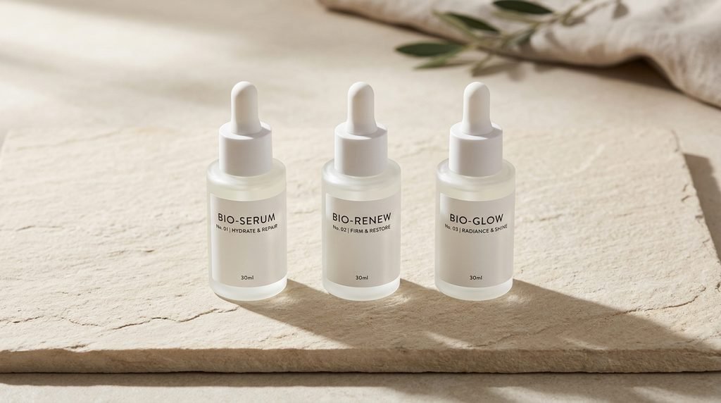Three luxury serum dropper bottles arranged neatly on a pale stone surface.