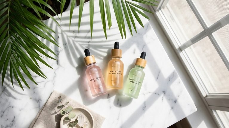 Three aesthetic glass serum bottles on a white marble background with natural sunlight shadows.