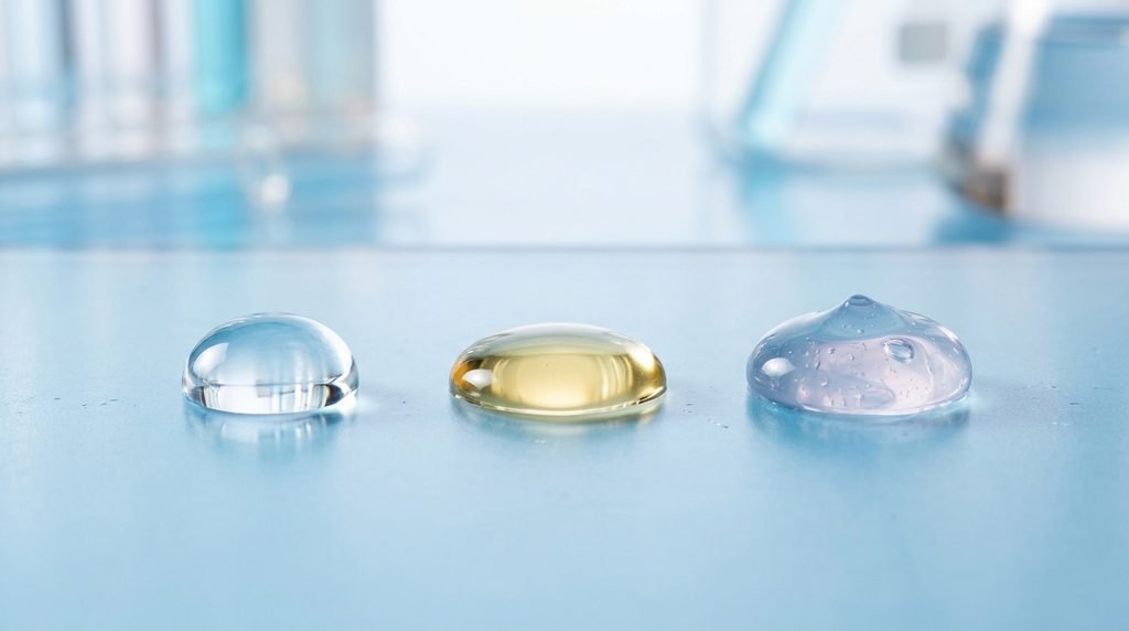 Three distinct liquid serum drops side by side on a clean blue glass surface showing different textures.