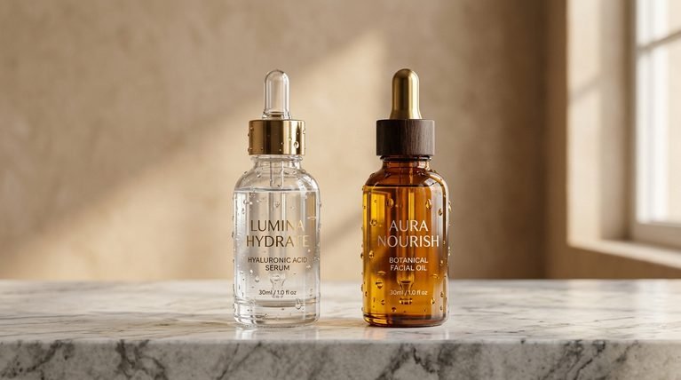 Clear water-based serum bottle next to a golden oil-based serum bottle on marble surface.