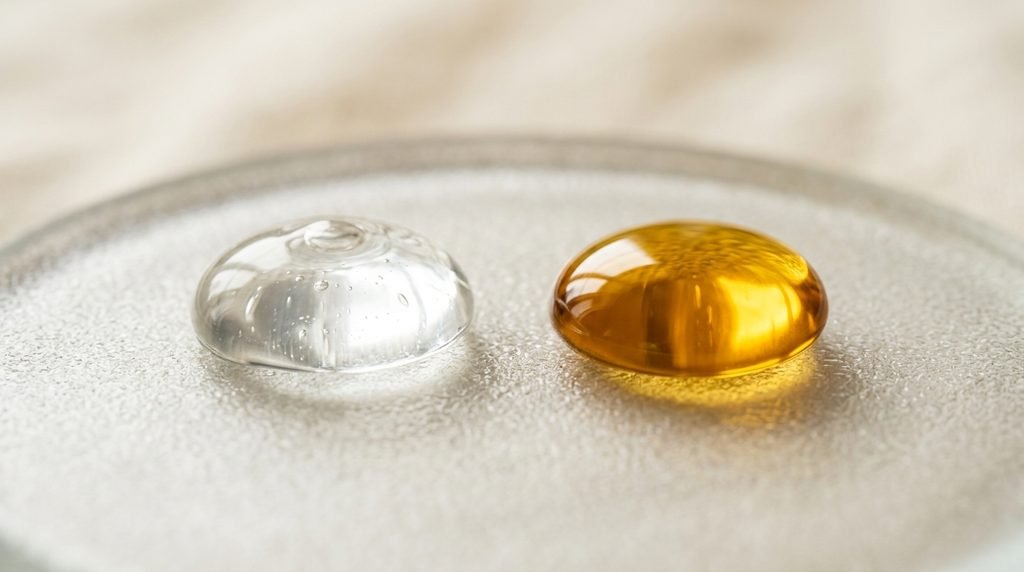Side-by-side comparison of a clear water gel droplet and a golden oil drop on glass.