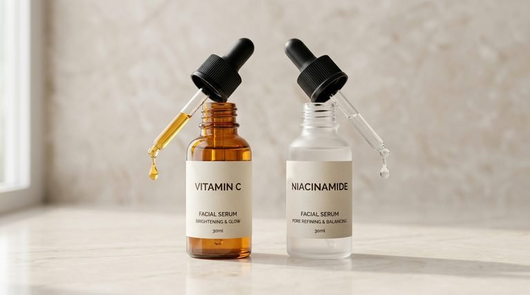 Two serum dropper bottles for vitamin C and niacinamide placed on light marble.